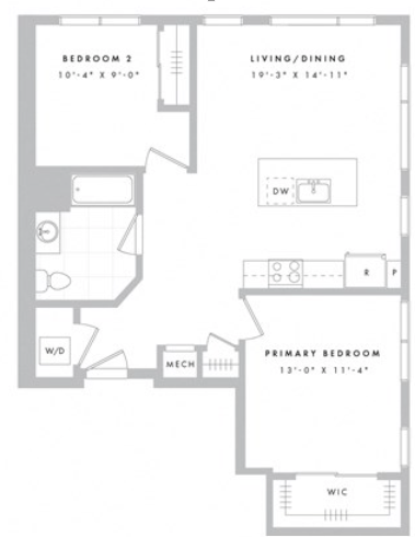 Floor plan for 2 beds, 1 bath, 853 sqft